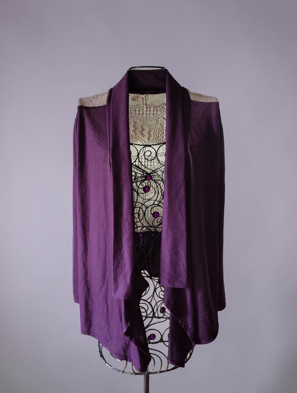 Joseph Q Purple Open-Front Women’s Sweater Cardigan With Lace Back Size Large